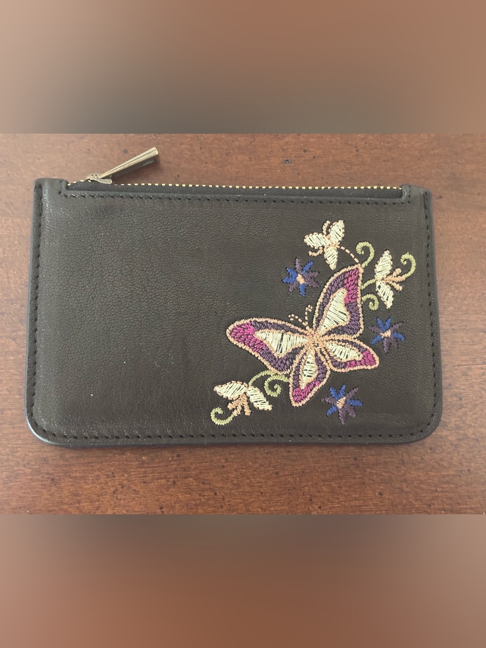 Johnny Was Embroidered Carminia Italian Leather Zip Card Holder